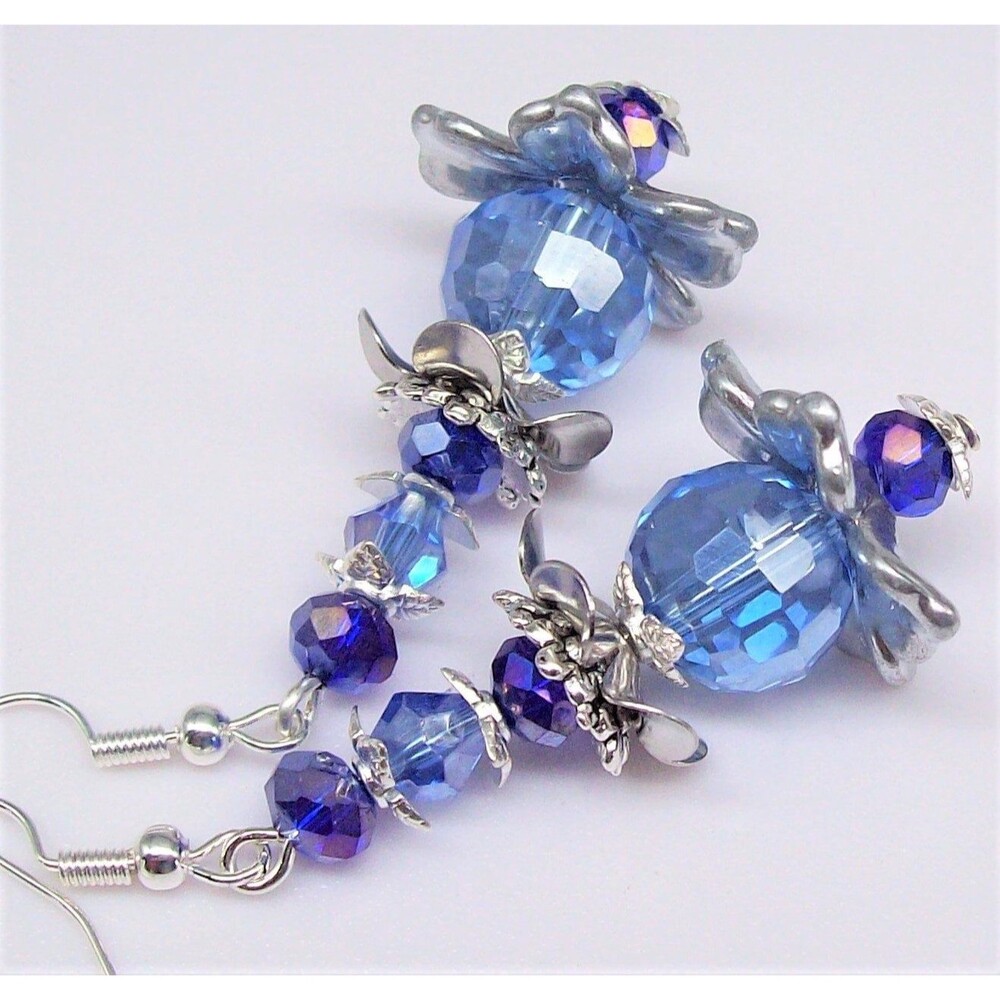 Vintage Style Crystal Earrings, Blue, Art Nouveau, Silver, Jewelry Gifts for Her